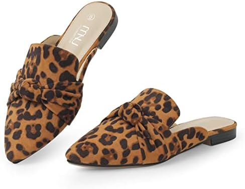 MUSSHOE Mules for Women Comfortable Pointed Toe Backless Slip-on Slides Loafer Flats with Knot,Leopard 9