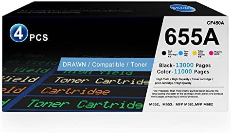 655A Toner Cartridges 4 Pack(1BK/1C/1M/1Y) – Drawn Compatible CF450A CF451A CF453A CF452A Toner Replacement for HP Color Enterprise M653x M653dn MFP M681dh Flow MFP M681f M682z Printer