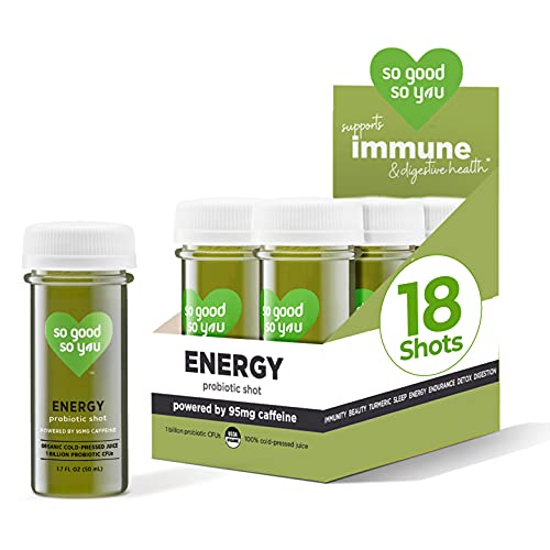 So Good So You Energy Probiotic Juice Shot, 95mg of Caffeine from Coffeeberry with Mango Spinach Organic Cold Pressed Immune Support Juice , 1.7 Oz, 18 Count