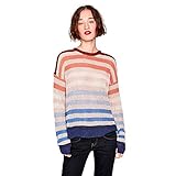 - Jersey de cuello redondo punto fino rayas multicolor\n- Tejido en mezcla de algodón y lino\n- Puños y bajo elásticos en contraste\n- Manga caída\n- Punto abierto\n- Fit regular