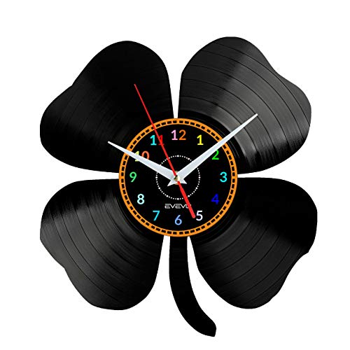 Reloj de pared de disco de vinilo de trébol de la suerte decoración de pared moderna símbolo de la suerte regalo de cumpleaños original para amantes de la naturaleza W1607