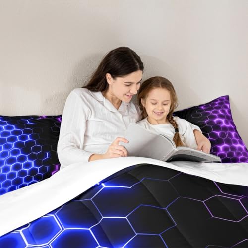 Image of Feelyou Blue Purple Honeycomb Bedding Set Fluorescent Geometric Honeycomb Comforter Set Beehive Hexagon Comforter for Boys Girls Geometric Duvet Set Queen Size Quilt 3Pcs Boys