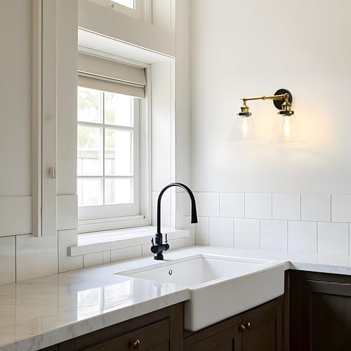 Image of PERMO Industrial 2-Lights Wall Sconces with Dual Funnel Clear Glass Shade Double Sconce Antique Wall Sconce for Mirror Hallway Bedroom, Hardwired, E26 Base