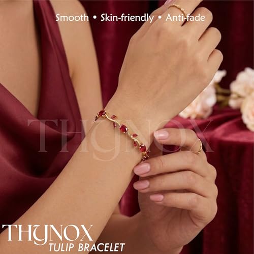 Image of THYNOX Tulip Bracelet for Women Stylish | Gold Plated Crystal Floral Jewellery | Adjustable Chain Wrist for Women & Girls Stylish | Elegant Tulip Bracelet for Women, Party & Daily Wear Accessory