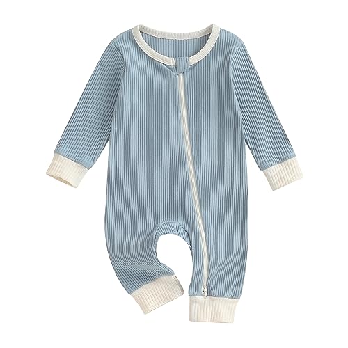 Image of Newborn Coming Home Outfit Boy Girl Ribbed Romper Long Sleeve Zipper Onesie Jumpsuit Fall Winter Clothes (Ribbed Blue,0-3 Months)