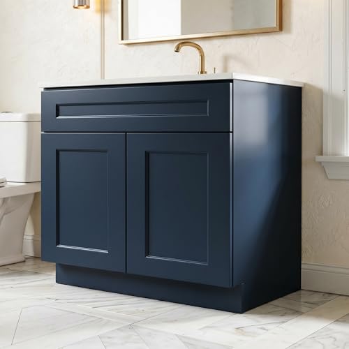 Mueble para baño base de lavabo de madera sólida pintado azul marino 33"W x 24"D x 34.5"H RTA listo para armar con doble puerta miniatura 2