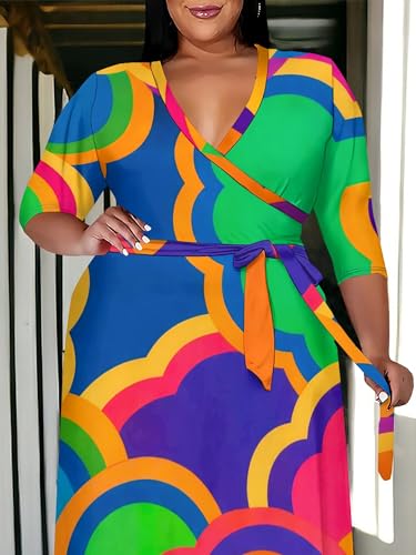 Image of SUZONANA Plus Size Maxi Dresses for Curcy Women Casual Loose 3 /4 Sleeve Long Dress with Belt