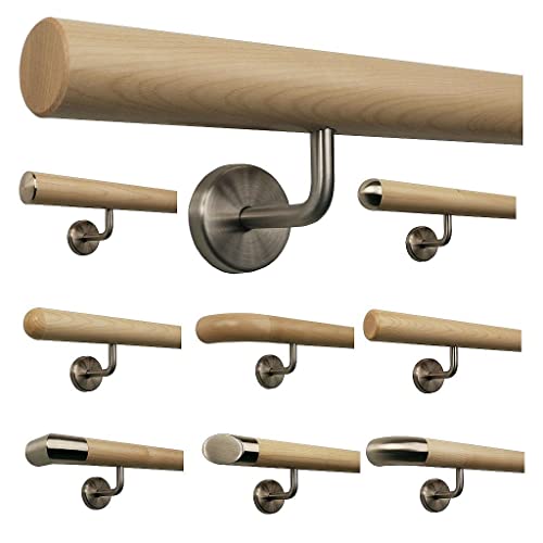 Barandilla de arce pasamanos escalera mango de madera en ángulo soporte de acero inoxidable, longitud 30-500 cm de una pieza/variante: 80 cm con 2 soportes biselados