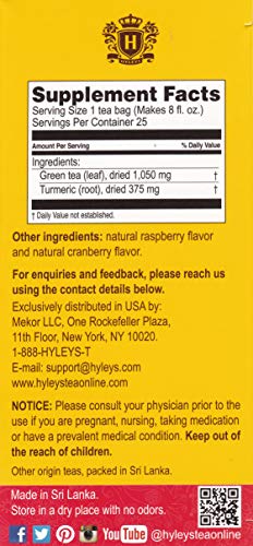 Hyleys Turmeric With Green Tea Raspberry & Cranberry - 25 Tea Bags (Gmo Free, Gluten Free, Dairy Free, Sugar Free & 100% Natural) #TOP5