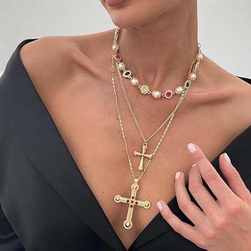 Gold Layered Cross Necklace Set For Women, Vintage Pearl Beaded Choker Colorful Rhinestone Crystal Statement Adjustable Chain Necklaces Holiday Anniversary Birthday Jewelry Gift4