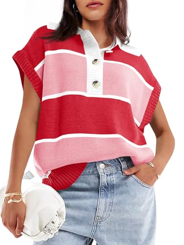 Image of Saodimallsu Women's V Neck Button Down Striped Short Sleeve Knit Sweater