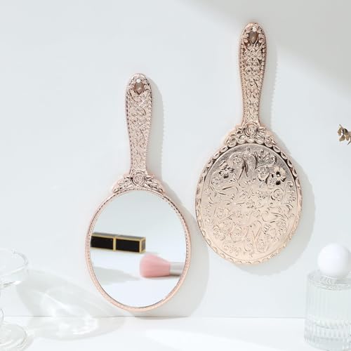 Image of KIRA Hand Mirror Makeup Mirrors Vintage Handheld Decorative Personal Vintage Cosmetic Travel Mirrors Oval Embossed Flower Mirrors with Handle for Women (Silver Black Gold Rosegold-Any ONE)