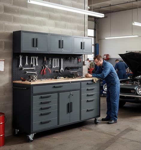 Image of 72in Rolling Tool Chest Cabinet Mobile Garage Workbench Heavy-Duty Tool Cabinet on Wheels with 11 Drawers, 2-Door Cabinet, 3 Top Cabinet, Pegboard & Power Strip for Tool Organization