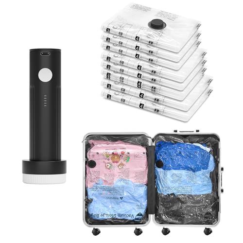 Vacuum Seal Bags for Clothing Travel and Home Storage, Travel Vacuum Bags with Electric Pump, Space Saver Compression Packing Cubes for Luggage Suitcase Bedding Blankets Clothes, 8 Combo