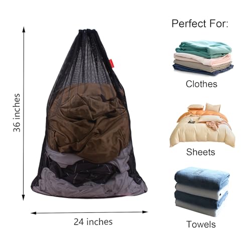 2 Pack Mesh Laundry Bags, 24 x 36 Inches Heavy Duty Drawstring Bag, Factories, College, Dorm, Travel and Apartment Dwellers, Black