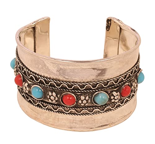 Image of Touchstone Indian Bollywood Desire Brass Base Exotic Workmanship Free Size Cuff Bracelet in Antique Gold Or White Or Copper Tone for Women.