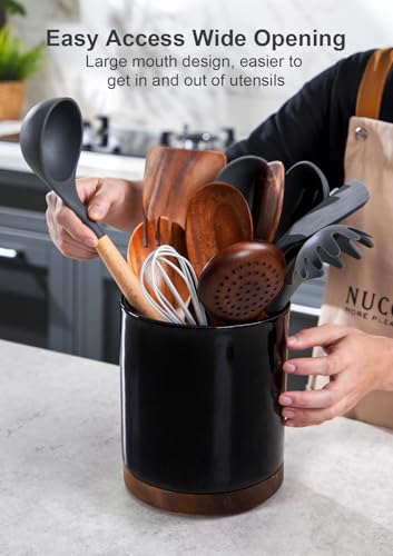 Image of Nucookery 360Rotating Utensil Holder, 7.2 inch Large Utensil Crock, White Ceramic Cooking Utensil Organizer,Farmhouse Kitchen Decor Christmas Thanksgiving Gift (Black)