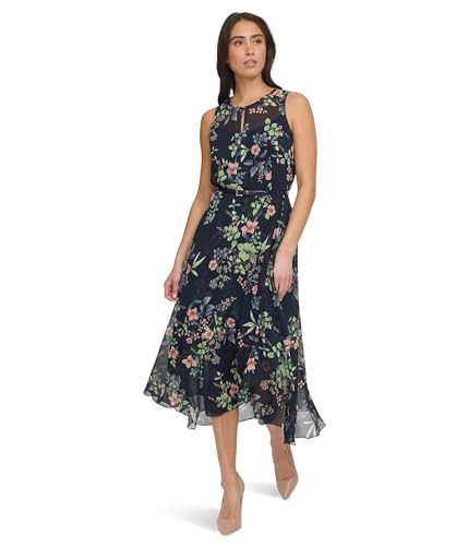 Image of Tommy Hilfiger Women's Sleeveless Keyhole Neck Chiffon Belted Hi-Lo Midi Dress