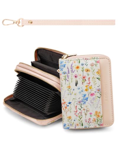 Image of Pink Floral Credit Card Holder for Women,Accordion Wallet | RFID Blocking Card Wallet, Vegan Leather with Wristlet, dual independent zipper compartments,17 Card Slots