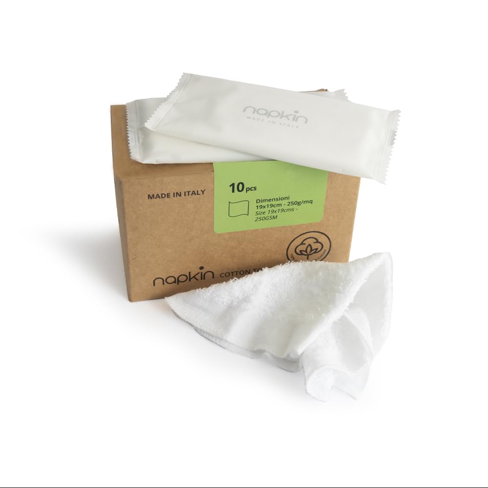 NAPKIN COTTON - Salvietta Rinfrescante in puro Cotone a base di Aloe Vera Bio, Fragranza Bergamotto, Dermatologicamente testata, Riutilizzabile e Biodegradabile - Confezione 10 pz