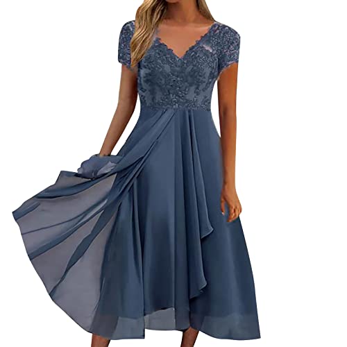 Sommerkleid Damen V-Ausschnitt, Abendkleid Lang Kleid Elegant Chiffon Spitze Swing Cocktailkleid Lässig Festliche Kleider für Frauen für...