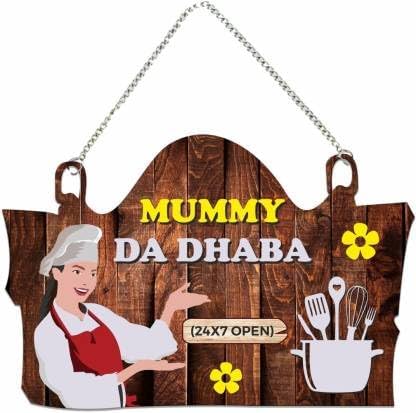 Decor Dil Se Mummy Da Dhaba Wooden Wall Hanging Sign | Funny Kitchen Decor Plaque for Home, Cafe & Restaurant | Decorative Kitchen Door Hanging Board (24x7 Open Design)-image-41