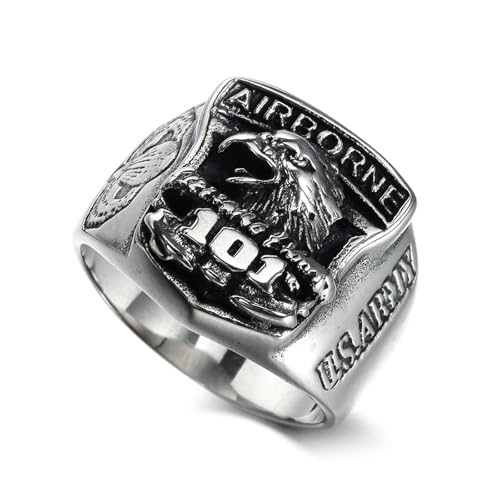 US Army 101st Airborne Division Titanium Steel Ring, Military Veteran Eagle Engraved Memorial Ring for Men Classic Collection
