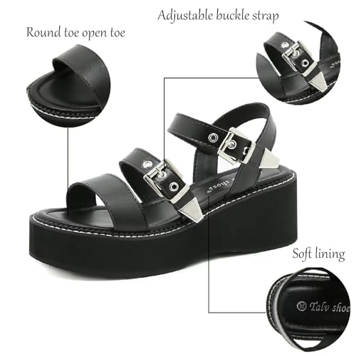 Women's Leather Strappy Wedge Platform Goth Sandals With Adjust Ankle Buckle Fashion Comfortable Round Open Toe Chunky Heel Anti-slip Slingback Everyday Y2K Punk Sandals3