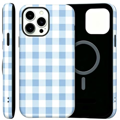 Image of for iPhone 13 /14 Case Cute Phone Case,Compatible with MagSafe,Dual Layer Shockproof Protective Phone Cover,Hard Shell + Silicone Cover,Fashion Design for Women Girls,Blue and White Plaid