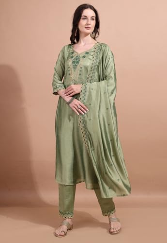Pratham Blue Women's Silk Embroidered Straight Kurta Palazzos With Dupatta |Kurta Set For Women |Women Kurta |Women Embroidered Kurta Sets Kurtis (Bkp-1038-Xl_Green)