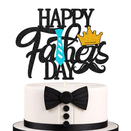 Image of Festiko Happy Father's Day Cake Topper for Dad Birthday Decoration, Best Dad Ever Cake Topper with Crown & Tie Design, Double Sided Black Glitter 350 GSM Party Supplies India