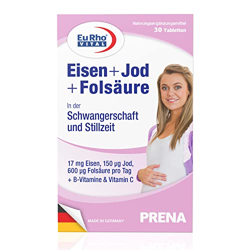 Eisen + Jod + Folsäure Tabletten | Alle Nährstoffe für Schwangerschaft und Stillzeit | Monatspackung mit 30 Tabletten | EuRho® Vital - Made in Germany Cover