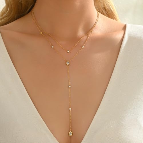 Lariat Necklace for Women 18K Gold Plated Dainty CZ Y-Shaped Pendant Necklace Trendy Layered Beaded Chain for Everyday Jewelry4