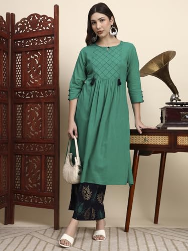 Image of idaLia Cotton Straight Kurta Set for Women with Palazzo 3 /4 Sleeve, Round Neck Designer Kurta with Palazzo Pant Set