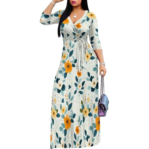 Image of PinkPatty Plus Size Maxi Dress for Women Casual V Neck 3 /4 Sleeve Boho Printed Long Dress with Pockets