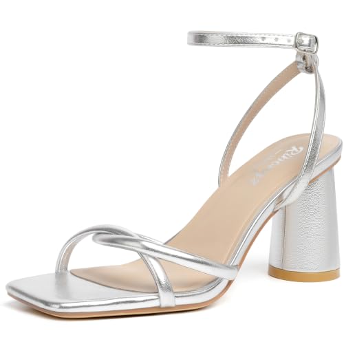 Image of RIBONGZ Block Heels Prom Heeled Sandals for Women Chunky Square Open Toe Strappy High Heels Ankle Strap Wedding Bridal Shoes High Heel Sandals for Party Dress