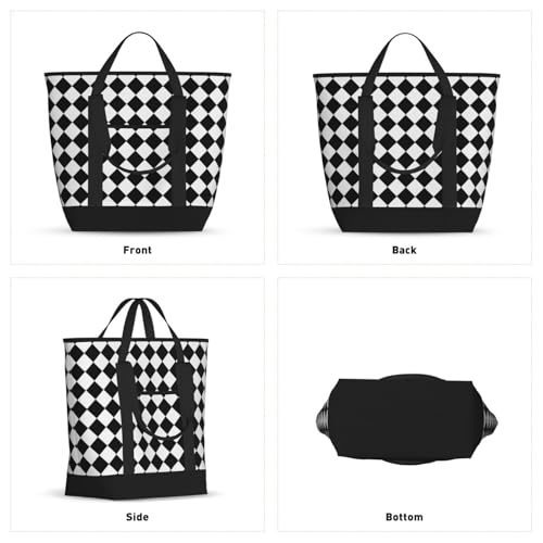 Black And White Diamond Pattern Large Capacity Insulated Shopping Tote Bag – Keeps Food Cold/Hot For Hours, Ideal For Travel, Groceries & Outdoor Use2
