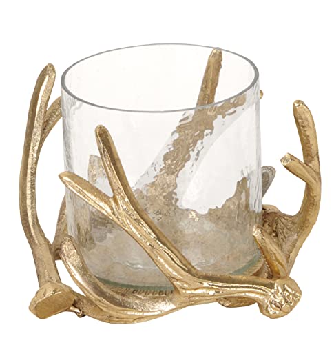 Windlicht Geweih mit Glaseinsatz Kerzenhalter Glaswindlicht Metall Gold...