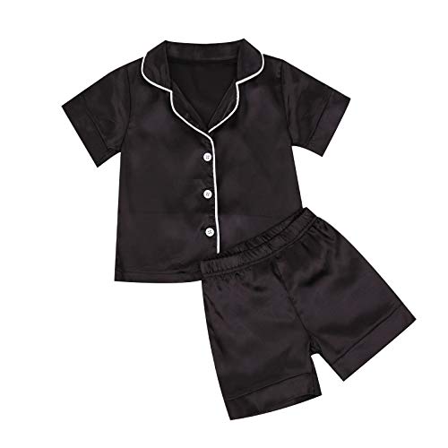 Toddler Baby Little Boys Girls Silk Satin Pajamas Set Long Sleeve Pjs Button Down Shirts Top& Pants Sleepwear (F-black shorts, 2-3T)