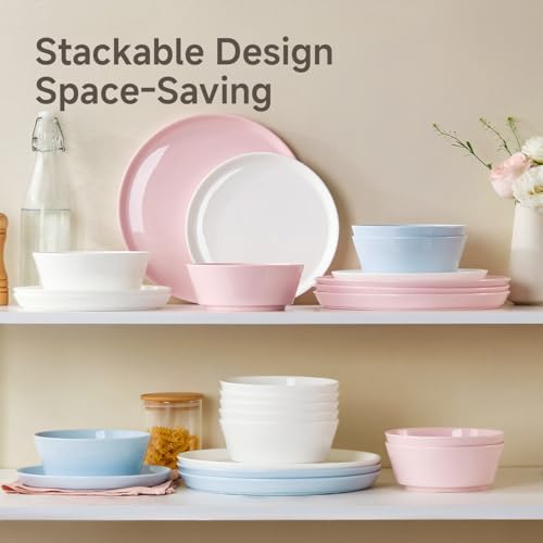 Image of KINGSTONE 18-Piece Bone China Dinnerware Sets, Sky Blue | Lightweight Plates & Bowls Set | Straight Rim Bowl Dinner Set | Scratch Resistant | Microwave & Dishwasher Safe | Serves 6
