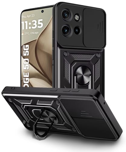 Image of WOW IMAGINE Tough Armor Bumper Mobile Back Case for Motorola Moto Edge 50 5G | Sliding Camera Shield Cover | Shock Proof 360 Protection | Hybrid PC + TPU | Ring Holder with Kickstand - Black