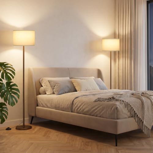 Image of Ambimall 60'' Modern Floor Lamp Set of 2, 2PK Tall Lamps for Living Room Bedroom, Beige Shade with Brown Pole(Without Bulb)