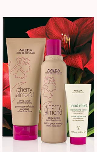 Aveda Cherry Almond Softening Body Trio Care Set with Cherry Almond Body Scrub, Body Lotion, and Hand Relief Moisturizing Creme with Cherry Almond Aroma