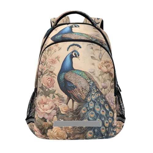ALAZA Peacock Peony Flower Vintage Backpack for Boys Girls Students Elementary School Bag Kids Bookbag Travel Daypack