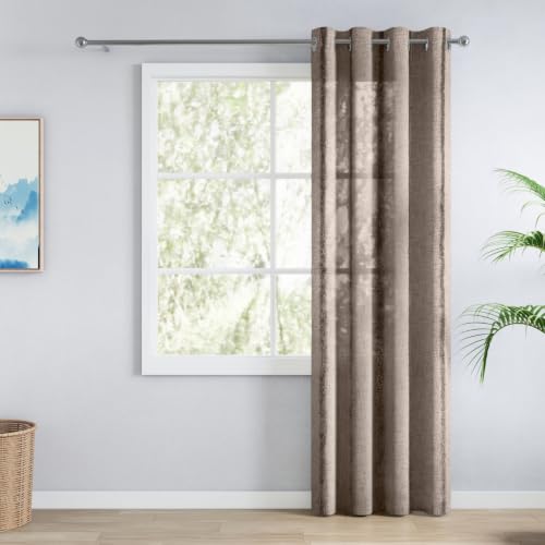 Image of haus & kinder Decorative Sheer Door Curtain 7 Feet Pack of 1 |Aesthetic Decor Long Curtain Feather Fringe Mocha 120 x 213 cm