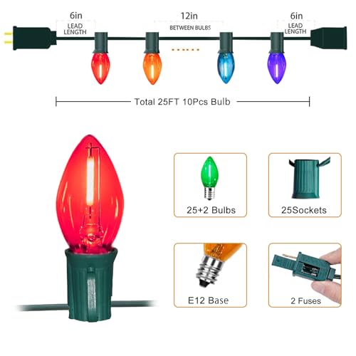 Image of 25FT C7 LED Christmas Lights Indoor Outdoor, 25 Multicolor Waterproof Bulbs, Connectable Dimmable String Lights Perfect for Roof Tree Fence and Patio Vintage Style