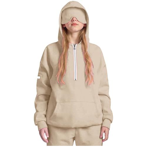 DDAPJ pyju Hoodies for Girls Half Zip Pullover Long Sleeve Comfy Fleece Sweatshirts Travel Hoodie with Eye Mask Built In