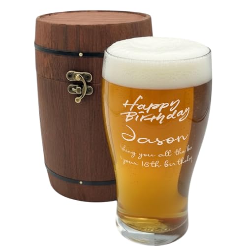 Image of ukgiftstoreonline Personalised Beer Glass in Vintage Wooden Barrel, 550ml, Glass, 16cm Height, Birthday Gift, Dishwasher Safe