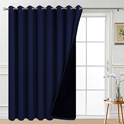 Image of Yakamok Navy Blue Blackout Patio Door Curtain Panels W100 x L84, 1 Panel | Noise Reducing Barrier Panel for Sliding Glass Door, 2 Thick Layers Heat Full Light Blocking Patio Door Drapery