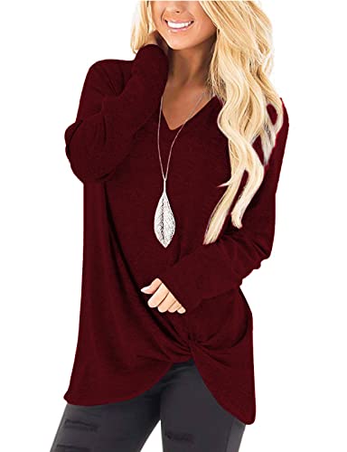 Image of SimpleFun Long Sleeve Shirts for Women Twist Knot Burgundy Sweater V Neck Plus Size Cozy Xmas Sweater Tunics 3X